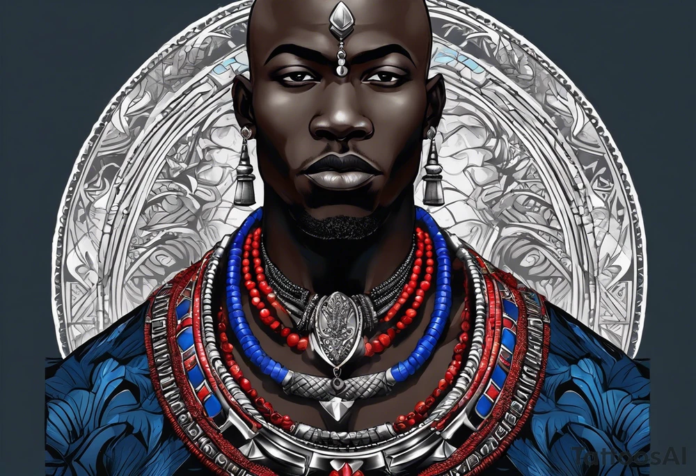 Black-skinned bald african warrior. He wears  a small silver crown. He wears two simple necklaces: one blue, other red. Looking front tattoo idea