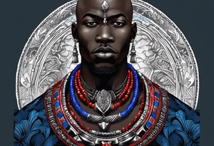 Black-skinned bald african warrior. He wears  a small silver crown. He wears two simple necklaces: one blue, other red. Looking front tattoo idea