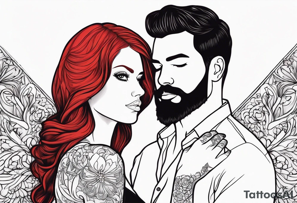 Busty red hair woman with bearded man black hair tattoo idea
