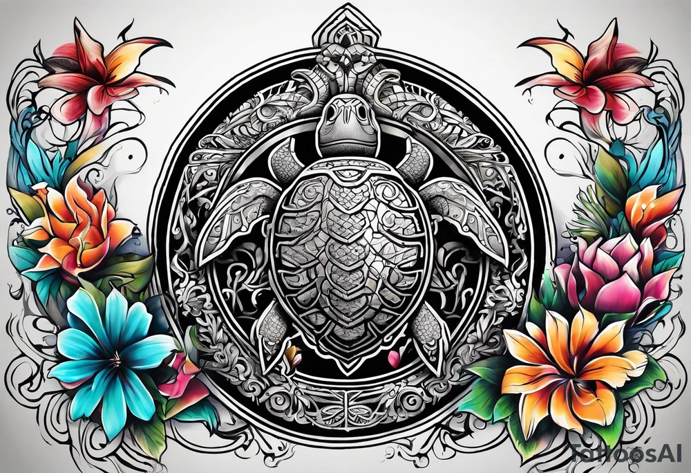 Steve and chest, Viking, Hawaiian, sea Turtle, flowers tattoo idea