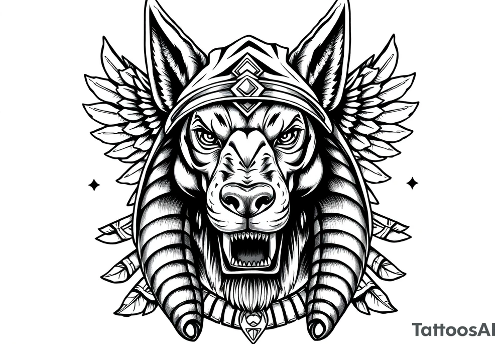Anubis god powerful face muscle in Egypt style with mantle on head dog face surrounded Egyptian symbols tattoo idea