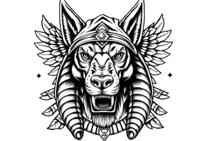 Anubis god powerful face muscle in Egypt style with mantle on head dog face surrounded Egyptian symbols tattoo idea