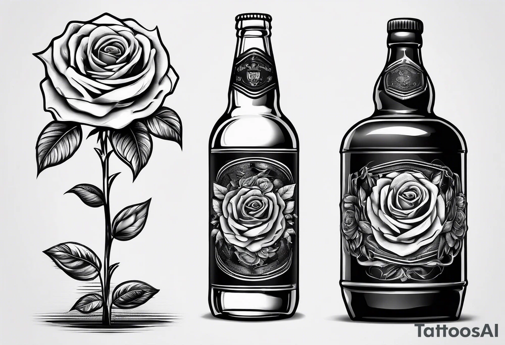 A bottle of beer and a stalk of rose in the bucket tattoo idea