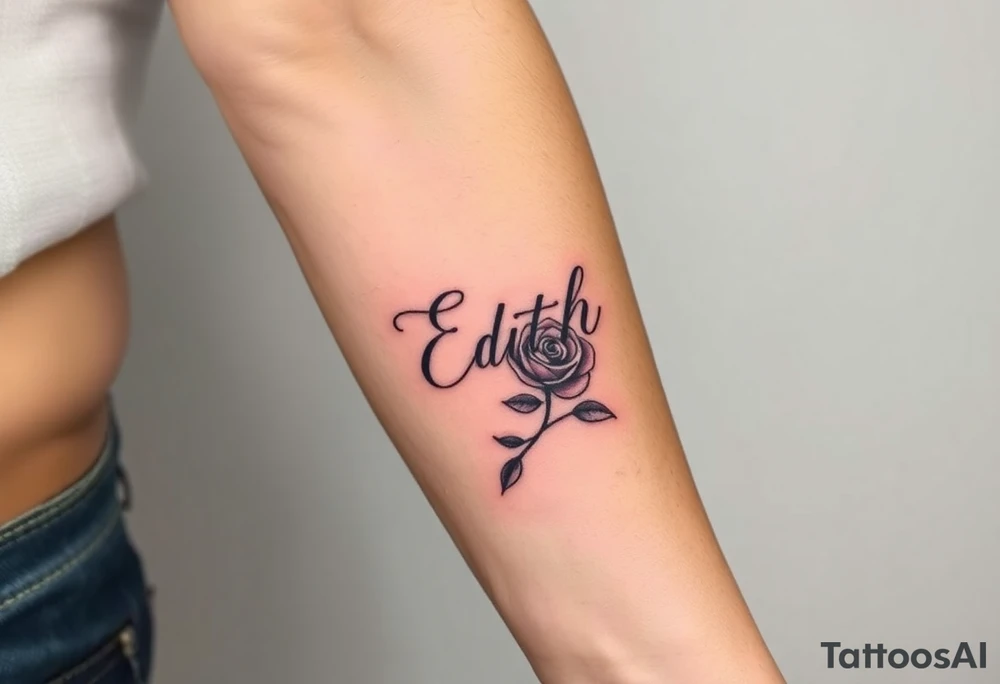 Edith tattoo with a cursive e with a rose half-sleeve tattoo idea