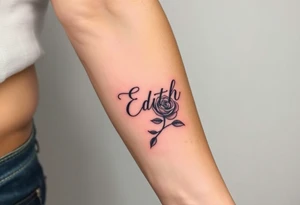 Edith tattoo with a cursive e with a rose half-sleeve tattoo idea