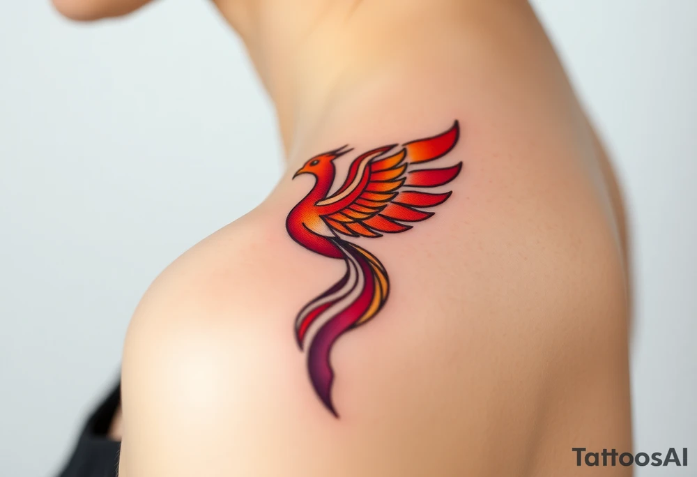 Phoenix rising from the ashes with the colors red, pink, orange and purple. Size 3 cm wide and 5 cm high tattoo idea