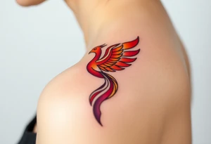Phoenix rising from the ashes with the colors red, pink, orange and purple. Size 3 cm wide and 5 cm high tattoo idea