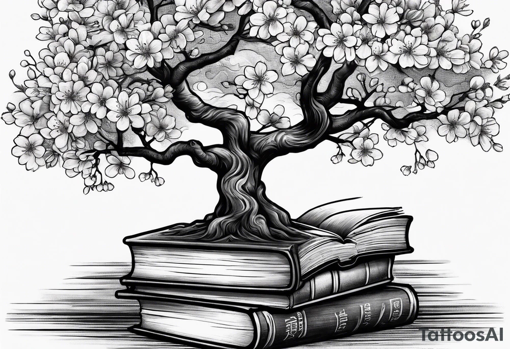 Cherry blossom tree growing out of a stack of books tattoo idea