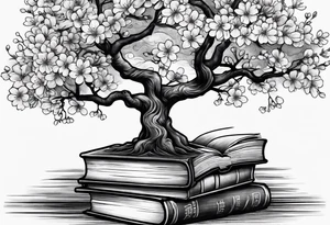 Cherry blossom tree growing out of a stack of books tattoo idea