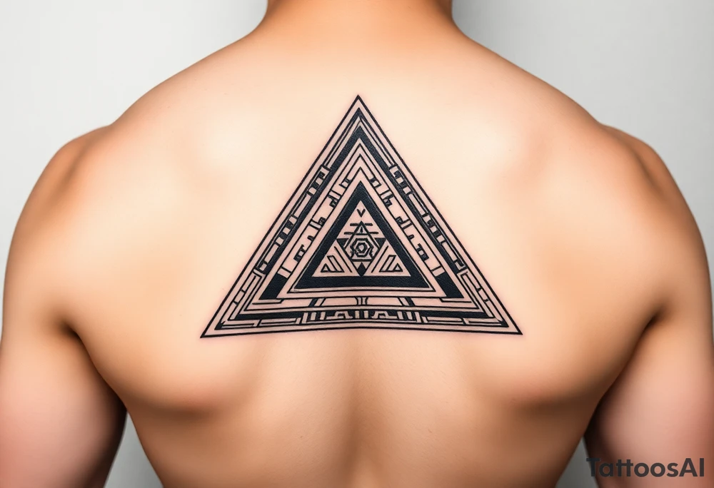aztec triangle with intricate pattern, composed of interlocking blocks tattoo idea