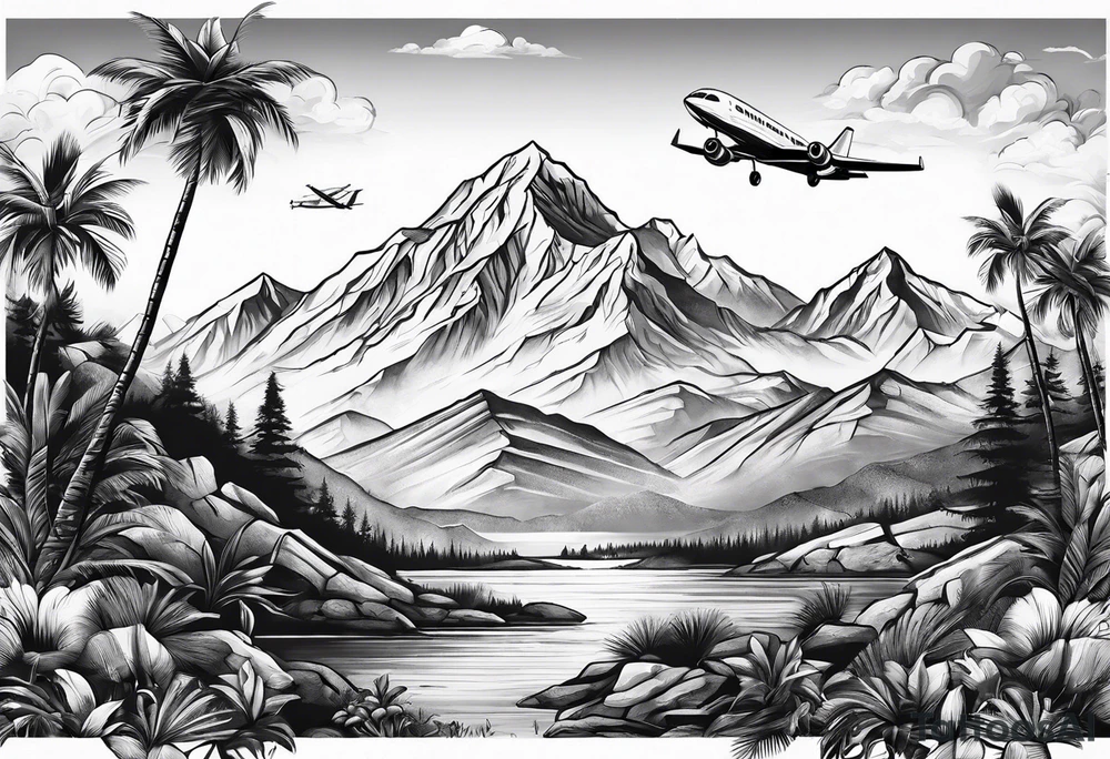 mountains palm trees airplanes tattoo idea