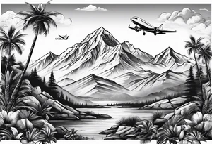mountains palm trees airplanes tattoo idea