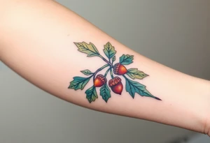 on the forearm an oak branch with thick leaves and acorns tattoo idea