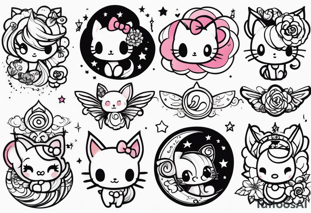 I would like various tattoo sketches. they must represent the friendship between two girls who like naps, kuromi and my melody and a song entitled "luna". tattoo idea