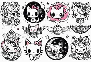 I would like various tattoo sketches. they must represent the friendship between two girls who like naps, kuromi and my melody and a song entitled "luna". tattoo idea