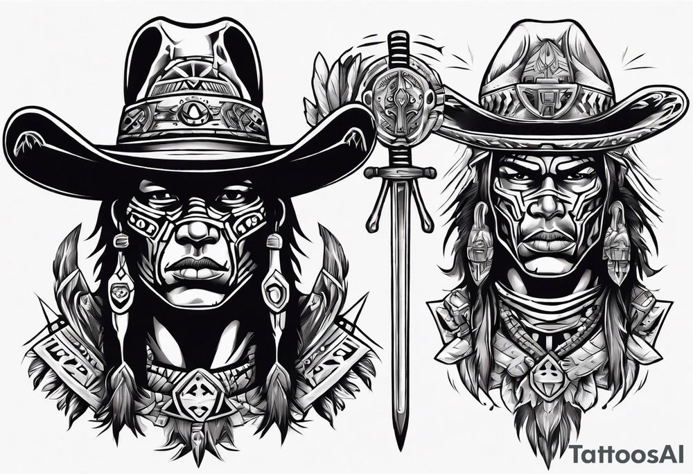 Aztec warrior with cowboy hat holding a sword tattoo idea Aztec warrior with cowboy hat holding a sword tattoo idea