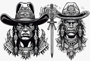 Aztec warrior with cowboy hat holding a sword tattoo idea