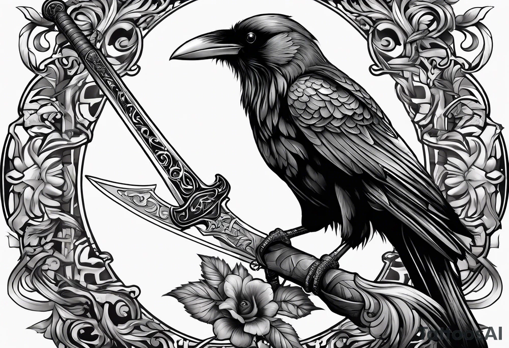 black raven with sword in mouth tattoo idea