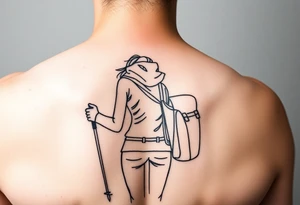 one fine line tattoo with a woman holding hiking poles and hiking (from behind) tattoo idea