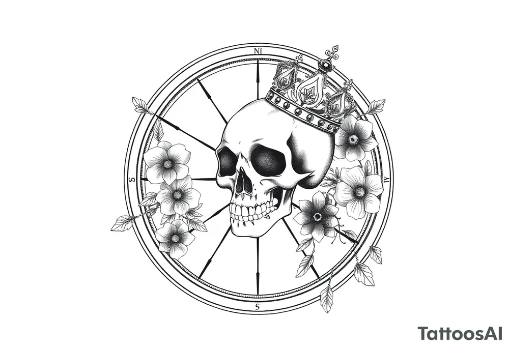 Compass with detailed beautiful gothic boho flowers on vine and skull with gorgeous crown tattoo idea