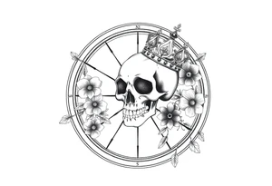 Compass with detailed beautiful gothic boho flowers on vine and skull with gorgeous crown tattoo idea