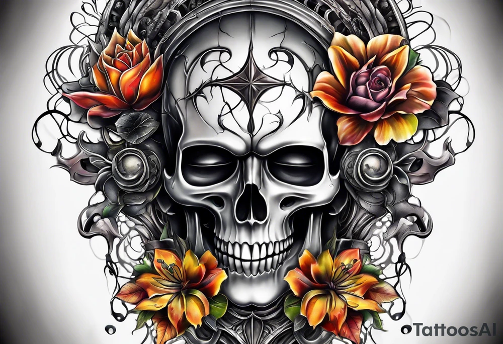 H.R. Giger Knee tattoo with realistic evil skull, various flowers, water and fall colors tattoo idea