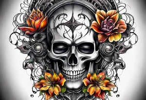 H.R. Giger Knee tattoo with realistic evil skull, various flowers, water and fall colors tattoo idea
