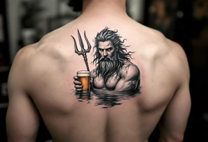 neptune with trident half way in calm water with a beer tattoo idea