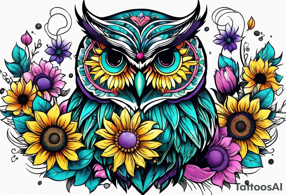 Sleeve with teal, pink and purple owl and yellow sunflowers tattoo idea