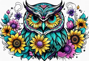 Sleeve with teal, pink and purple owl and yellow sunflowers tattoo idea