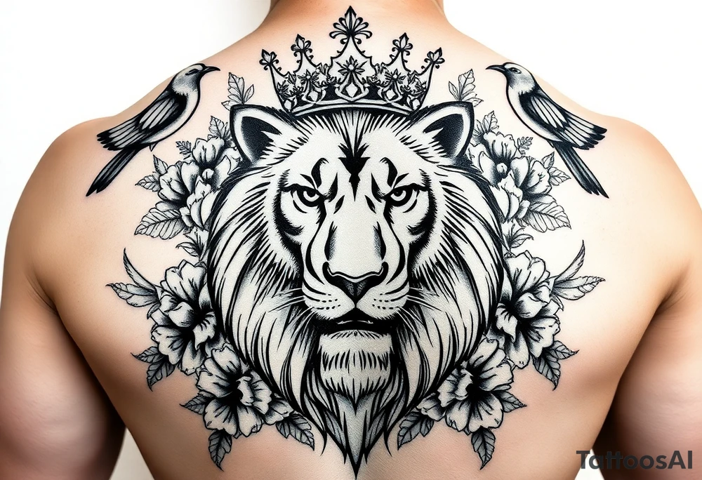 powerful majestic lion with a crown, surrounded by floral ornaments and birds tattoo idea