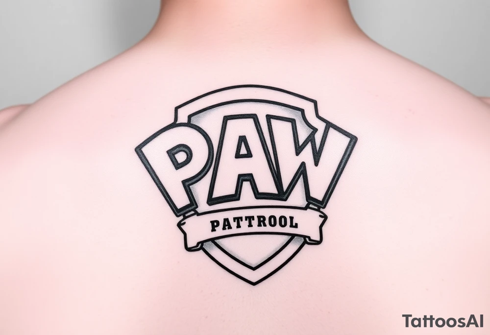 Paw patrol badge with letters  K M C wrapped stacked offset around it tattoo idea