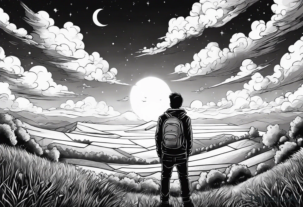 I want a arm sleeve where the sky is the background like the Calvin and Hobbes picture of them looking up at the sky tattoo idea