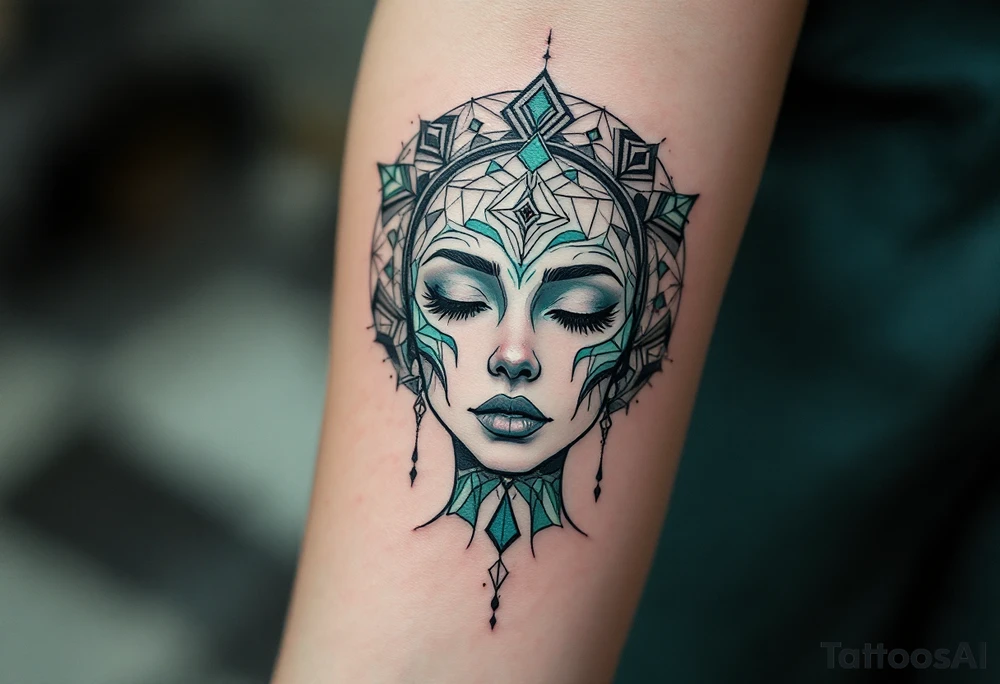 A minimalist design of Caleb, depicted with geometric patterns around his face to symbolize intelligence and the mind. The design features teal and green tones, symbolizing his connection to the Abnegation and his scientific nature.
Colors: Teal, green, black accents. tattoo idea