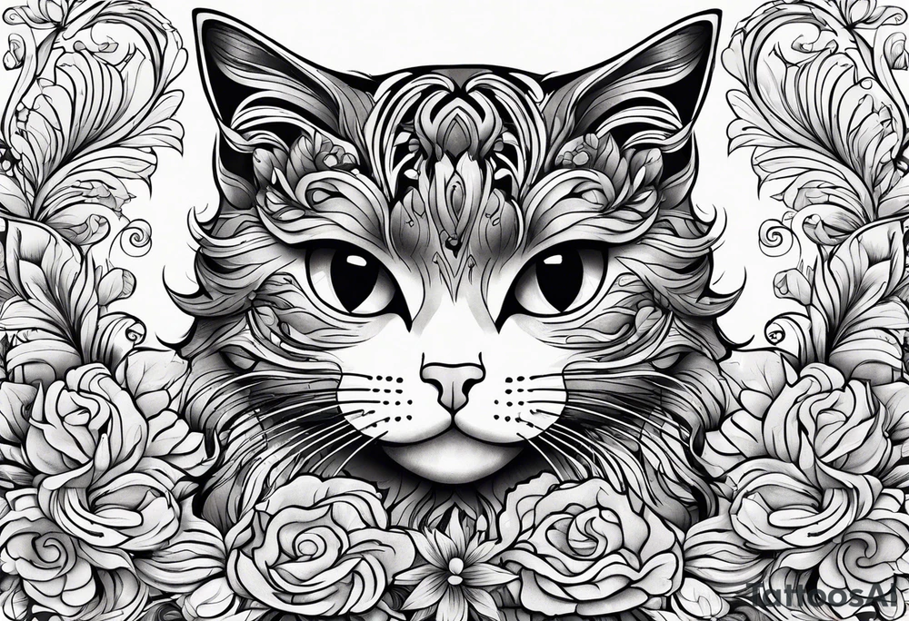Illustrate a small tattoo of a tabby cat curled up, surrounded by gentle swirls or floral elements to enhance its cozy vibe tattoo idea