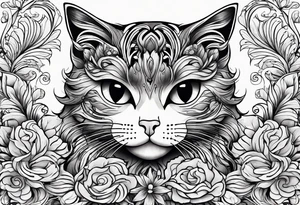 Illustrate a small tattoo of a tabby cat curled up, surrounded by gentle swirls or floral elements to enhance its cozy vibe tattoo idea