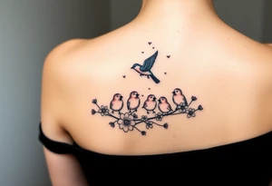 Mom bird and three baby birds with flowers tattoo idea