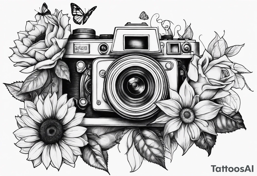 Flower : rose , sunflower, camera, small butterfly tattoo idea