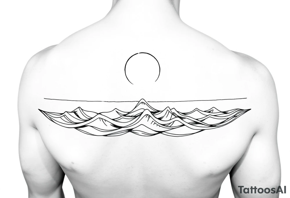 Wrap-around forearm tattoo, black and white line art. Calm sea waves and horizon, sun or moon above with subtle Norse runes (Algiz, Raido). Balanced, elegant, marine and mythological. Clean outlines, high contrast, stencil-ready. tattoo idea