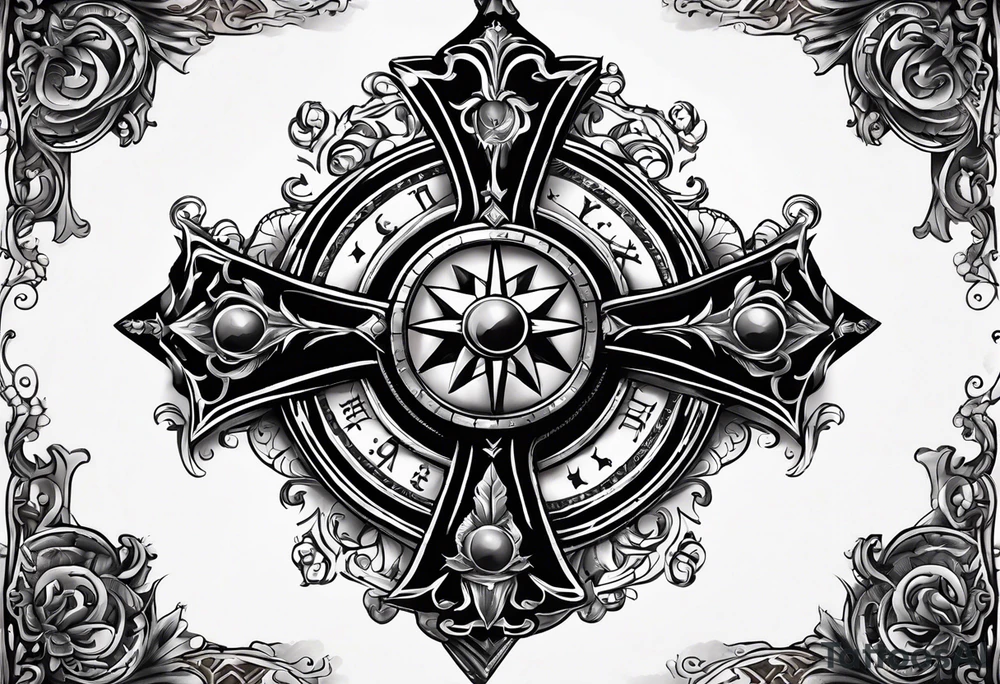 Black cross with compass in the middle with chain wrapped around it tattoo idea