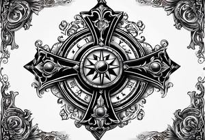 Black cross with compass in the middle with chain wrapped around it tattoo idea