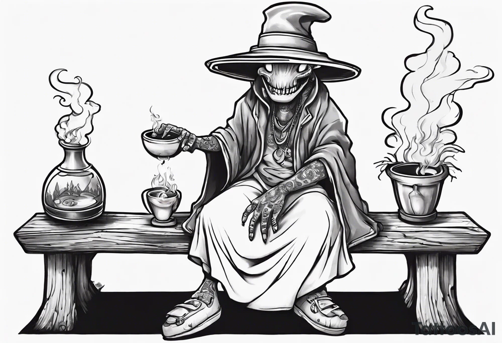 a myconid wearing a tunic and a floppy hat sitting on a bench by a fireplace drinking from a wood cup, smiling tattoo idea