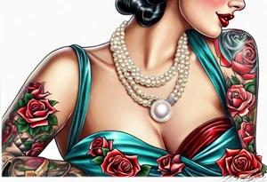 Pearl necklace wrapped around 1950s pinup pumps with roses surrounding tattoo idea