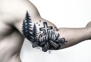 Campfire with cross hidden in the flames include the great outdoors and night sky make sure cross doesn't look like it is on fire tattoo idea