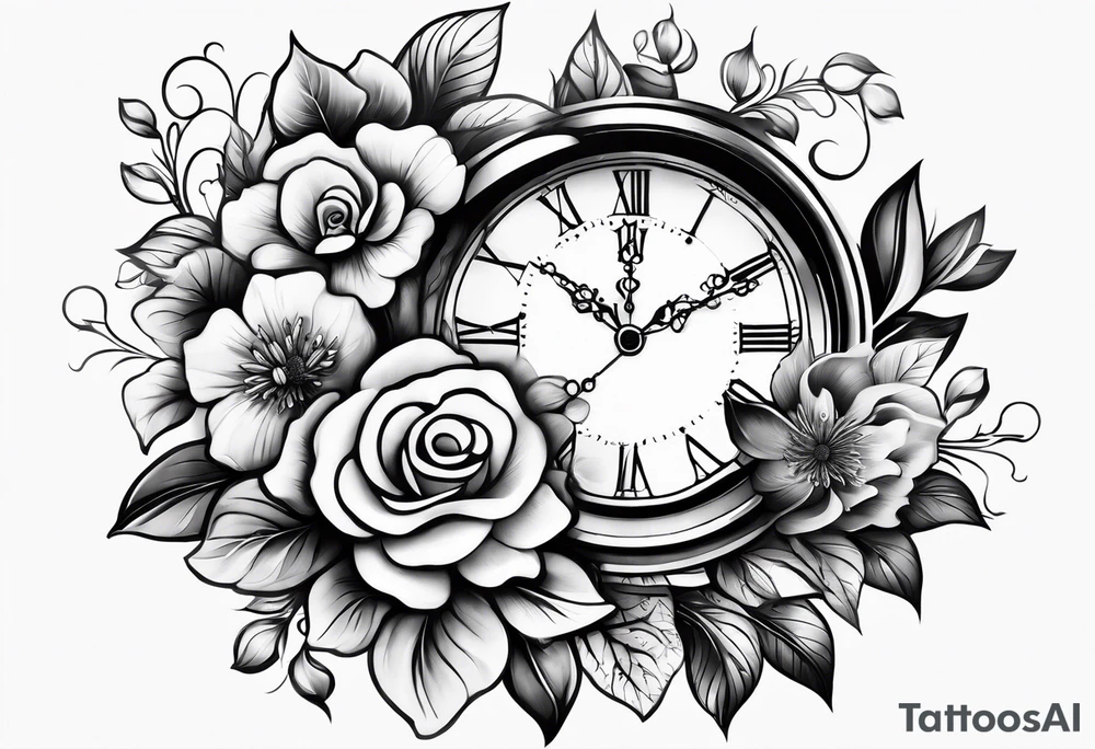 forearm sleeve, clock, flower tattoo idea