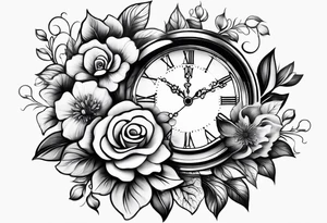 forearm sleeve, clock, flower tattoo idea