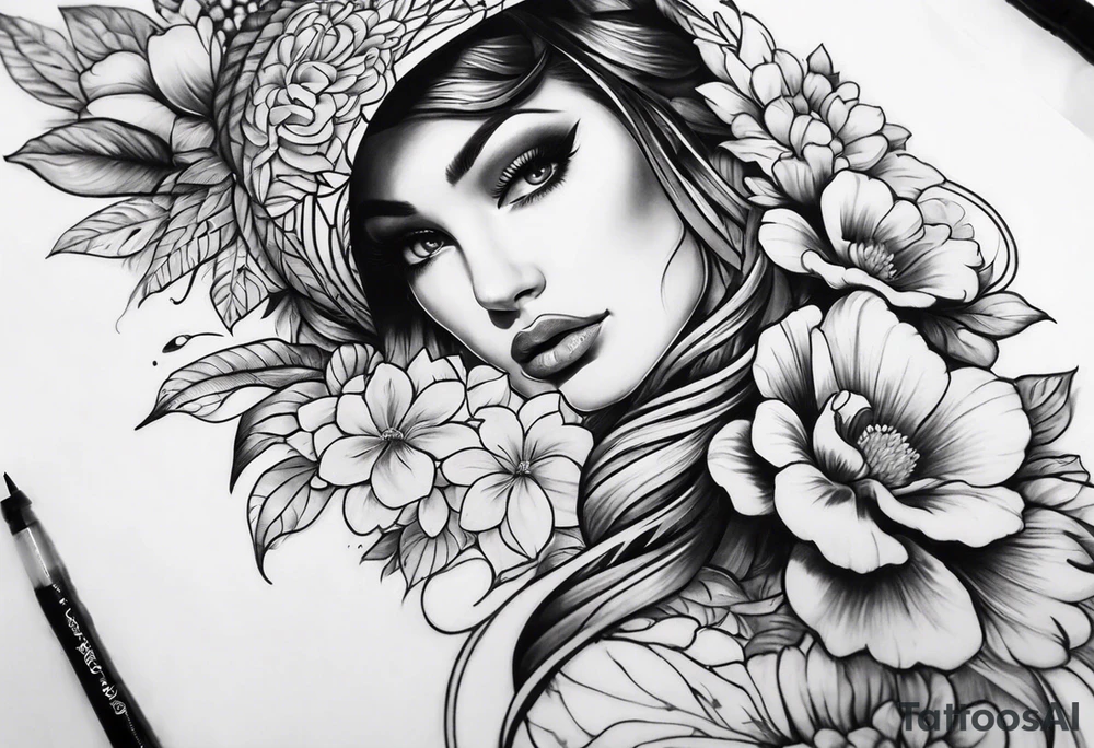 High contrast black and grey forearm snake and flower sleeve tattoo idea High contrast black and grey forearm snake and flower sleeve tattoo idea