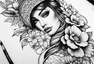 High contrast black and grey forearm snake and flower sleeve tattoo idea