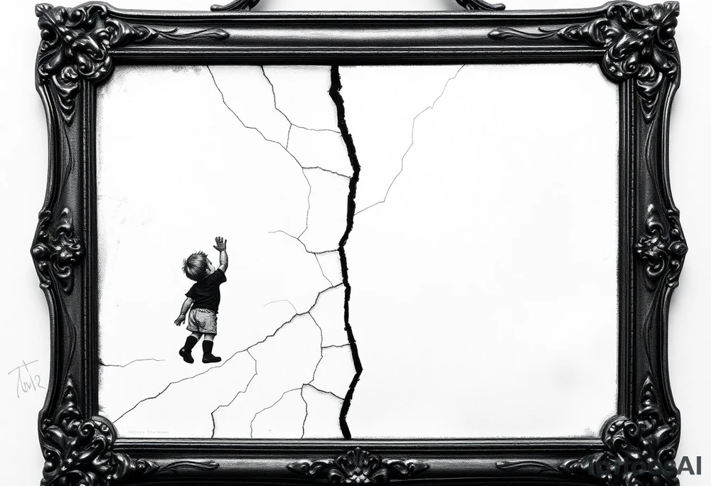 Cracked antique mirror showing dual reflection - silhouette of small child reaching upward on one side and strong adult figure on opposite side, the crack pattern itself helps divide and define the two figures, ornate Victorian frame with geometric elements, optical illusion style where crack separates child from adult, black and grey with subtle shading, upper arm tattoo design tattoo idea