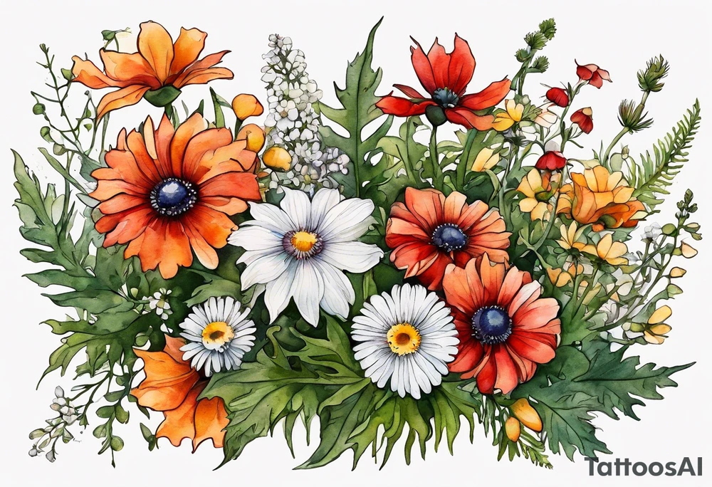 simple wildflowers cascading with thistles, ferns, white anemones, sun flowers, red flowers, black flowers, buttercups, orange flowers, babys breath and daisies all in watercolor tattoo idea
